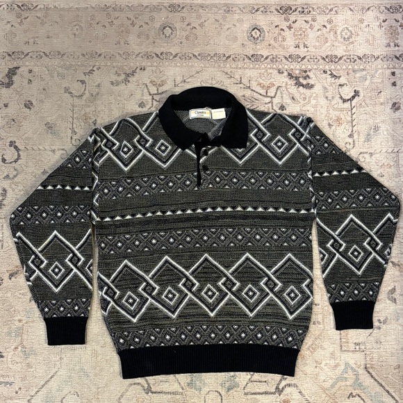 Vintage Classics by Palmland sweater with a bold black and white pattern.